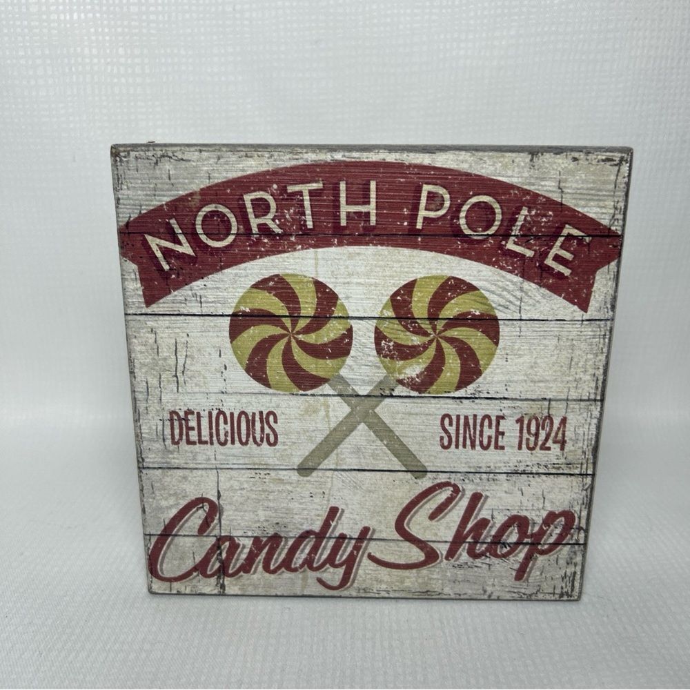 Distressed Rustic Wood Sign North Pole Candy Shop Christmas Holiday 6” Square